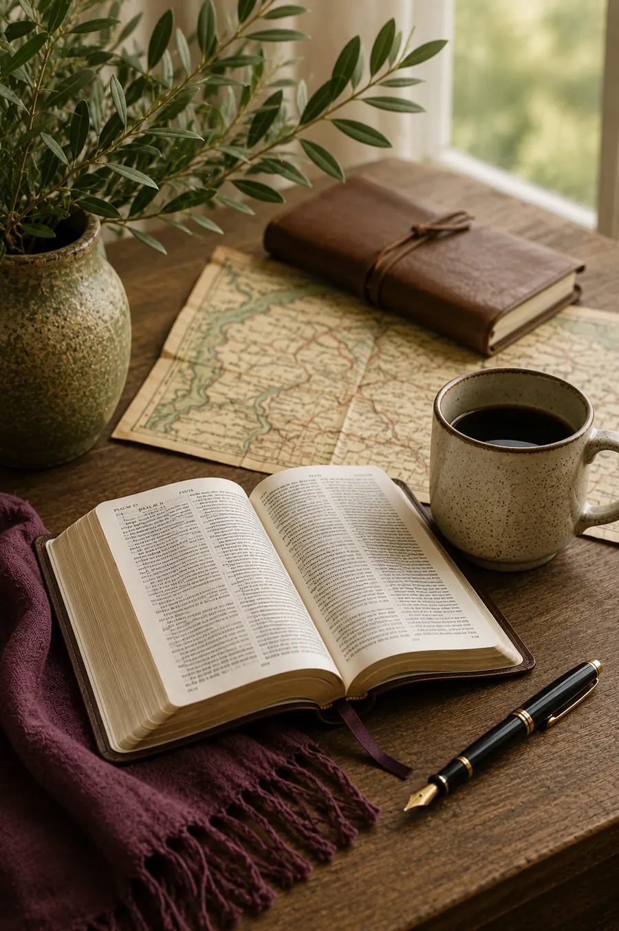 An open Bible on a wooden table beside a ceramic mug of coffee, an old map, a leather journal, a fountain pen, and a vase of olive branches